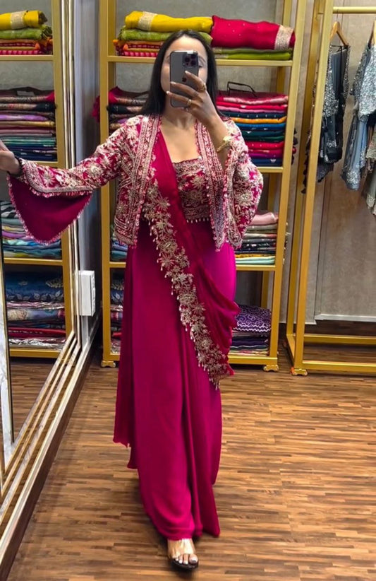 "Elegant Embroidered Chinon Saree with Banglori Jacket & Blouse"