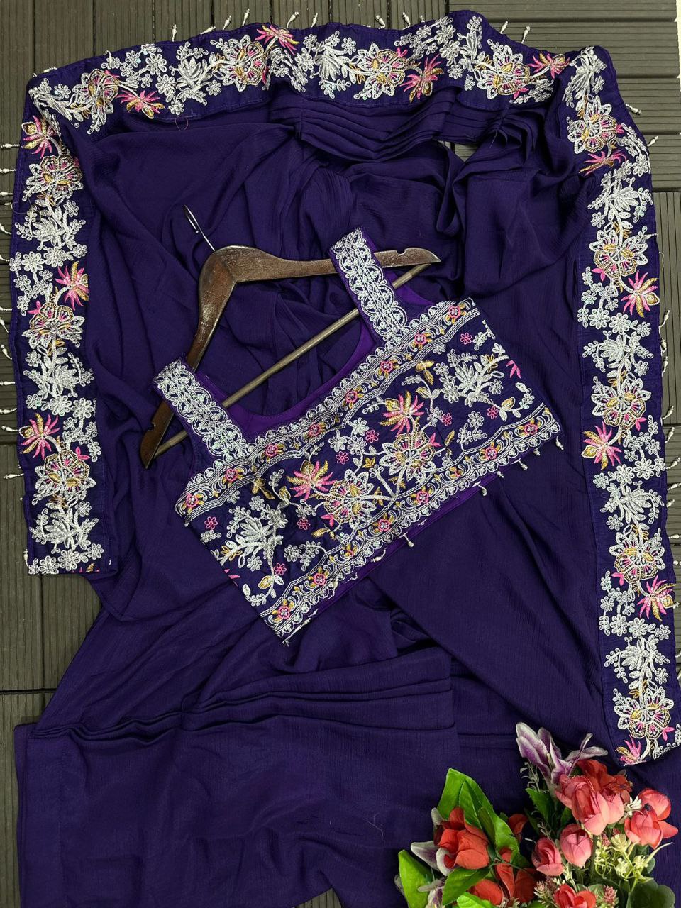 "Elegant Embroidered Chinon Saree with Banglori Jacket & Blouse"