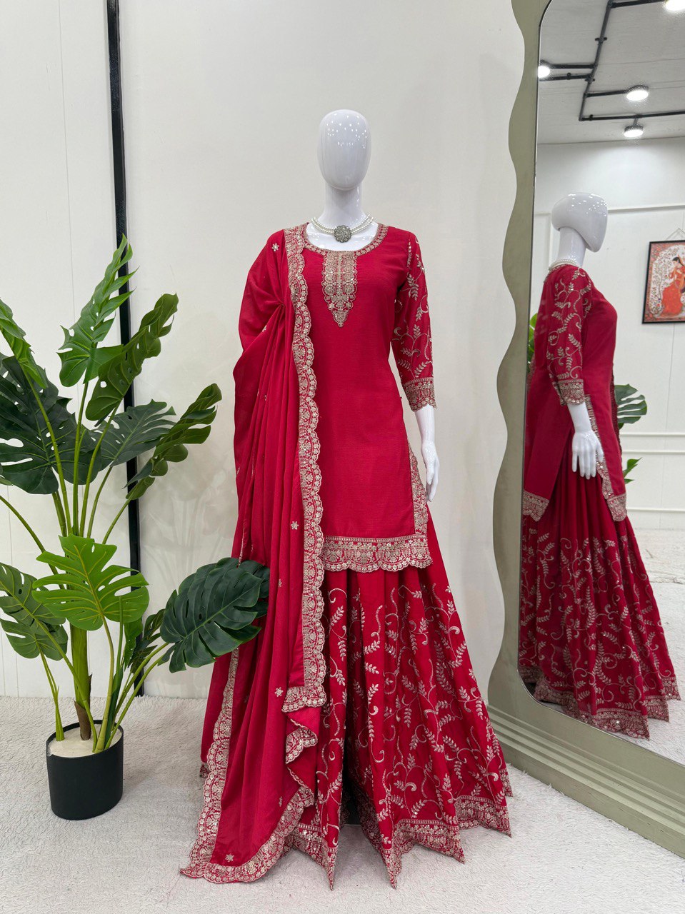 "Elegant Chinon Silk Sequenced Top with Faux Georgette Plazo and Lace Dupatta"
