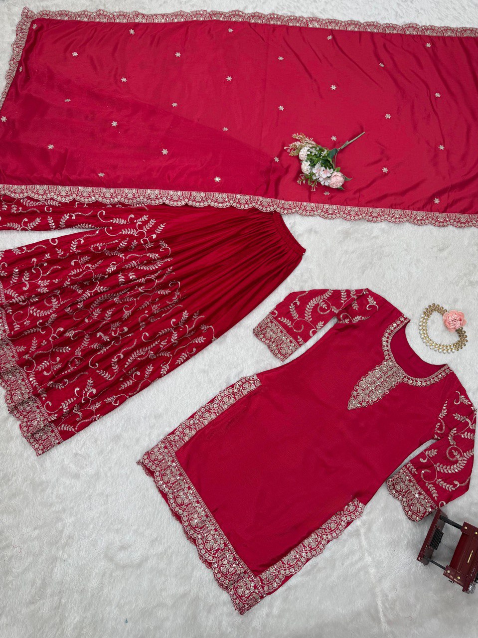 "Elegant Chinon Silk Sequenced Top with Faux Georgette Plazo and Lace Dupatta"