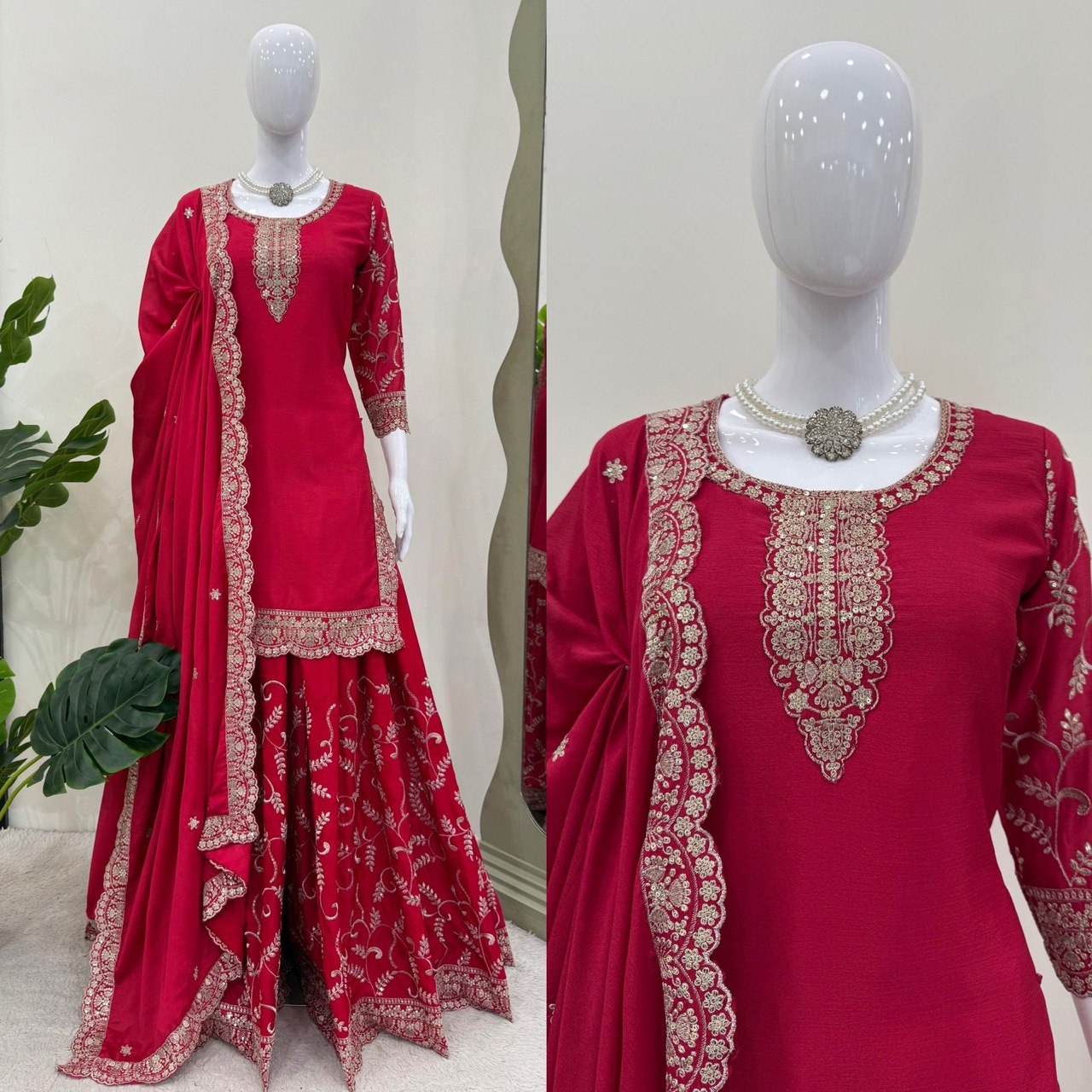 "Elegant Chinon Silk Sequenced Top with Faux Georgette Plazo and Lace Dupatta"