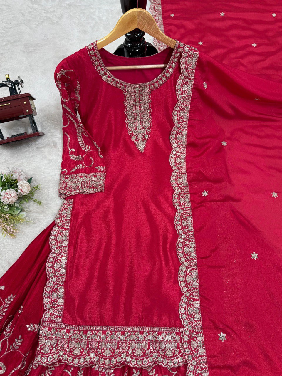 "Elegant Chinon Silk Sequenced Top with Faux Georgette Plazo and Lace Dupatta"