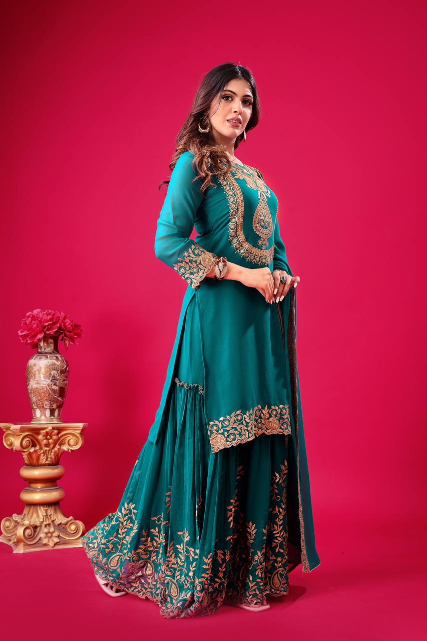 "Elegant Faux Georgette Embroidered Outfit with Plazzo and Dupatta"