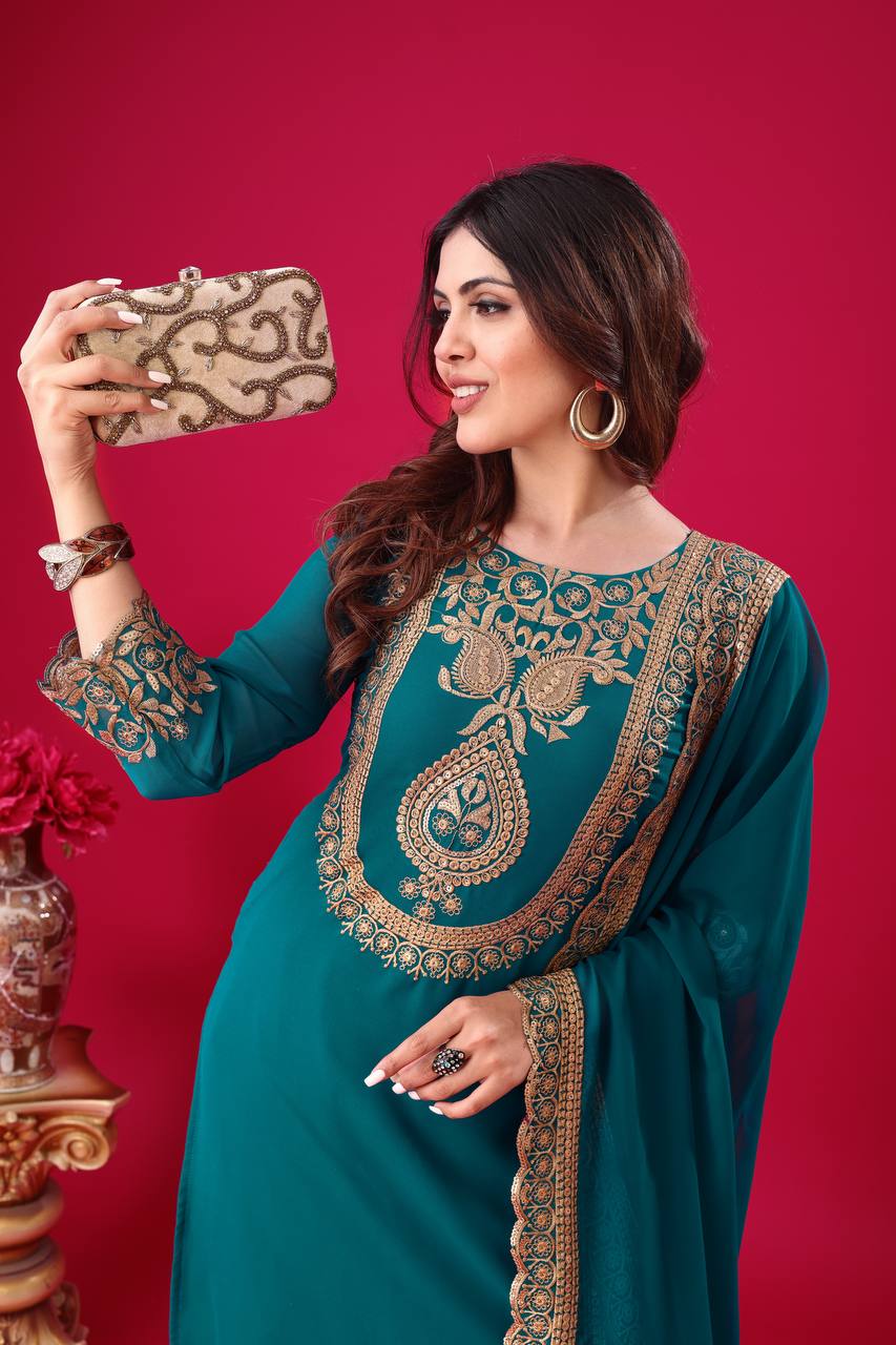 "Elegant Faux Georgette Embroidered Outfit with Plazzo and Dupatta"