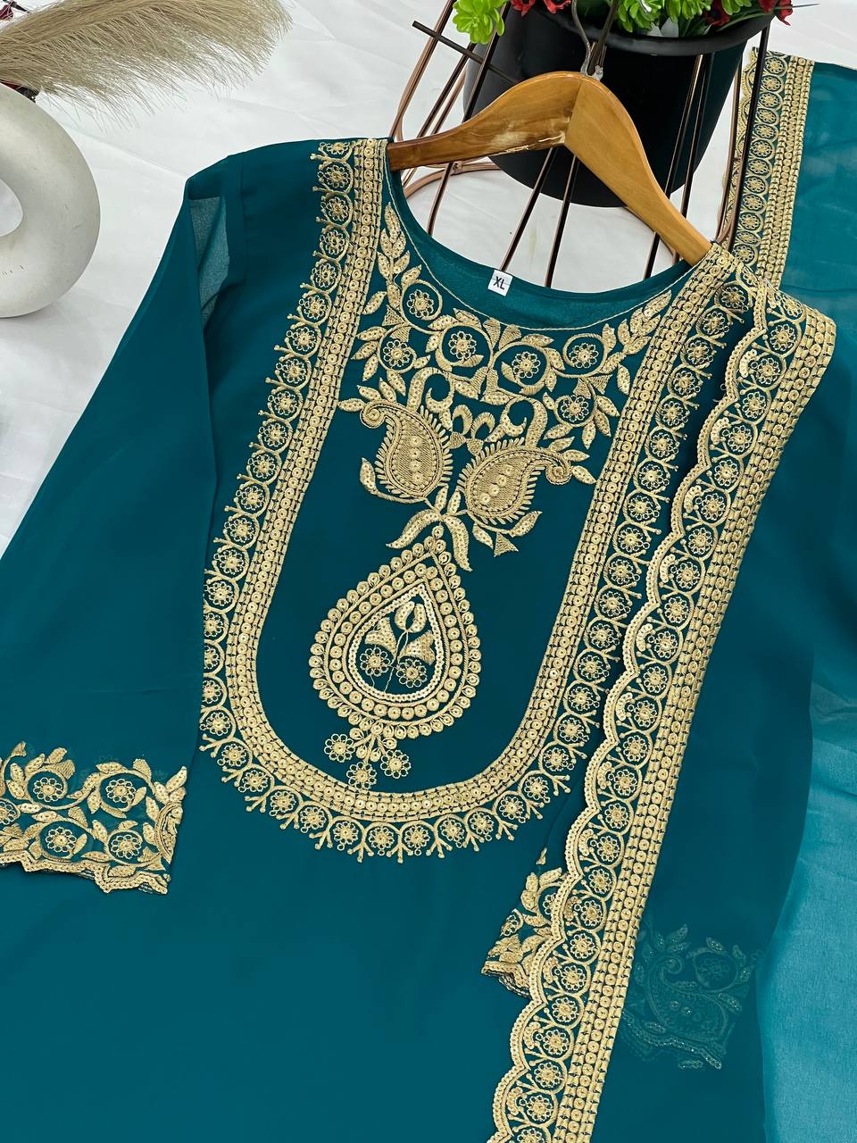 "Elegant Faux Georgette Embroidered Outfit with Plazzo and Dupatta"