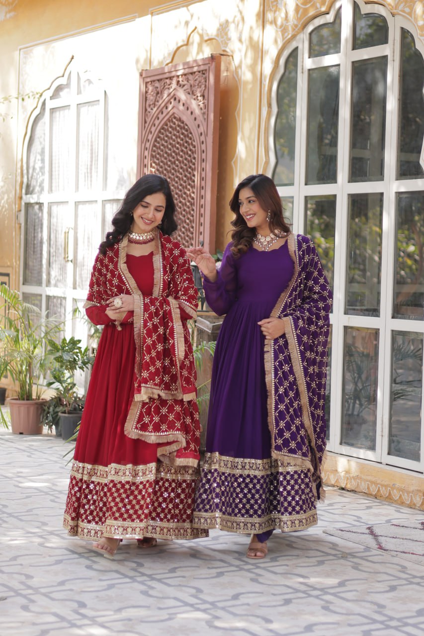 "Elegant Faux Blooming Embroidered Gown with Sequins and Designer Dupatta"