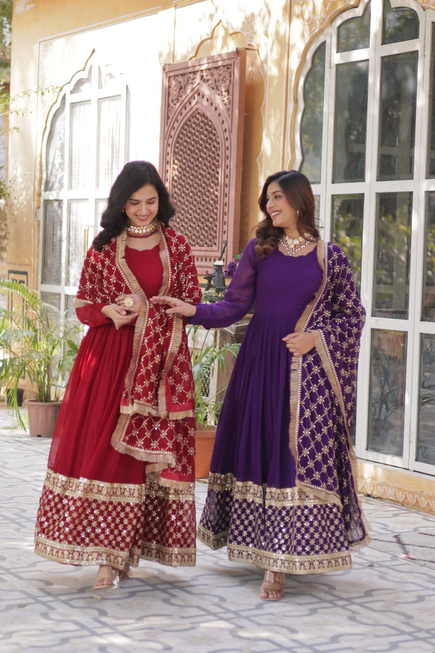 "Elegant Faux Blooming Embroidered Gown with Sequins and Designer Dupatta"