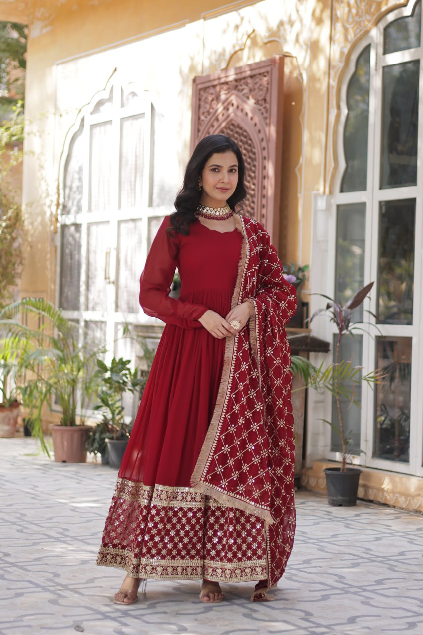 "Elegant Faux Blooming Embroidered Gown with Sequins and Designer Dupatta"