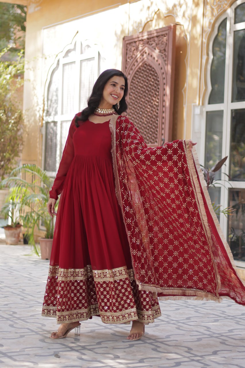 "Elegant Faux Blooming Embroidered Gown with Sequins and Designer Dupatta"