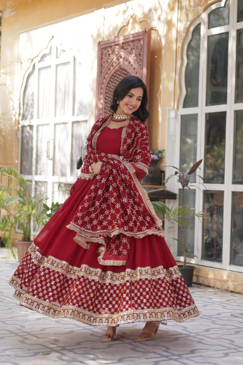 "Elegant Faux Blooming Embroidered Gown with Sequins and Designer Dupatta"