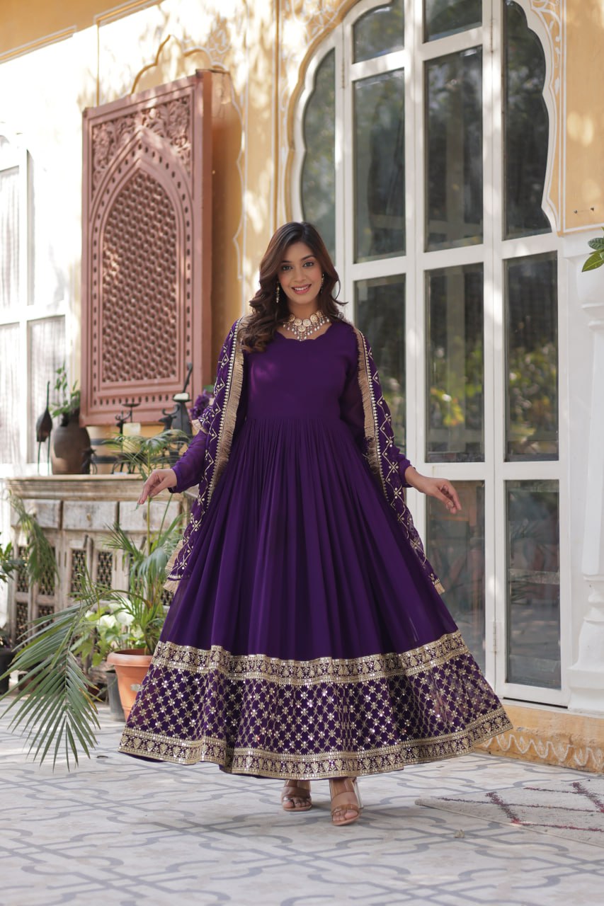"Elegant Faux Blooming Embroidered Gown with Sequins and Designer Dupatta"
