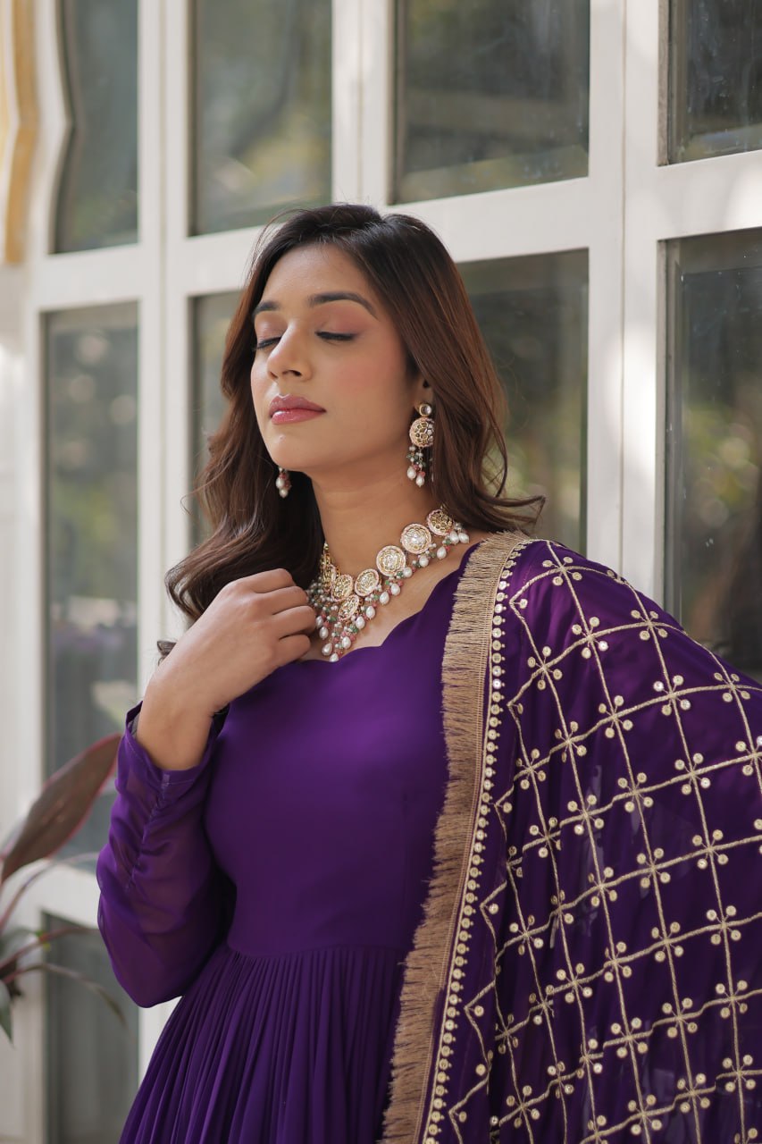 "Elegant Faux Blooming Embroidered Gown with Sequins and Designer Dupatta"