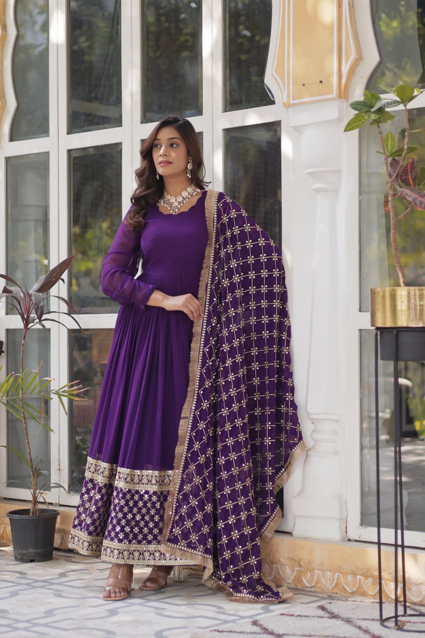 "Elegant Faux Blooming Embroidered Gown with Sequins and Designer Dupatta"