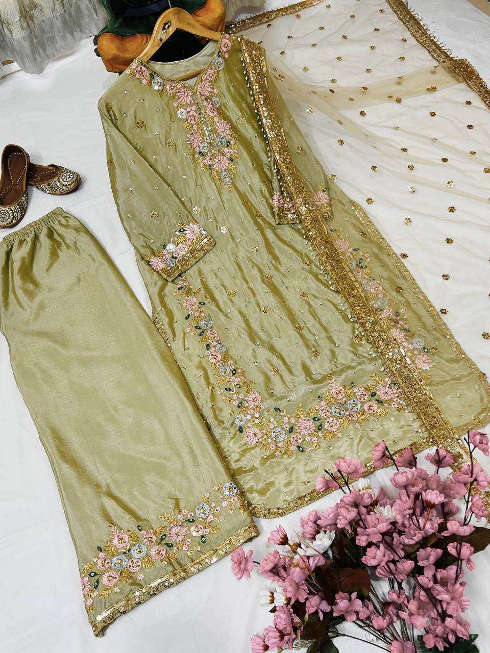 "Elegant Chinon Silk Kurti-Plazzo Set with Sequins & Zari Embroidery"