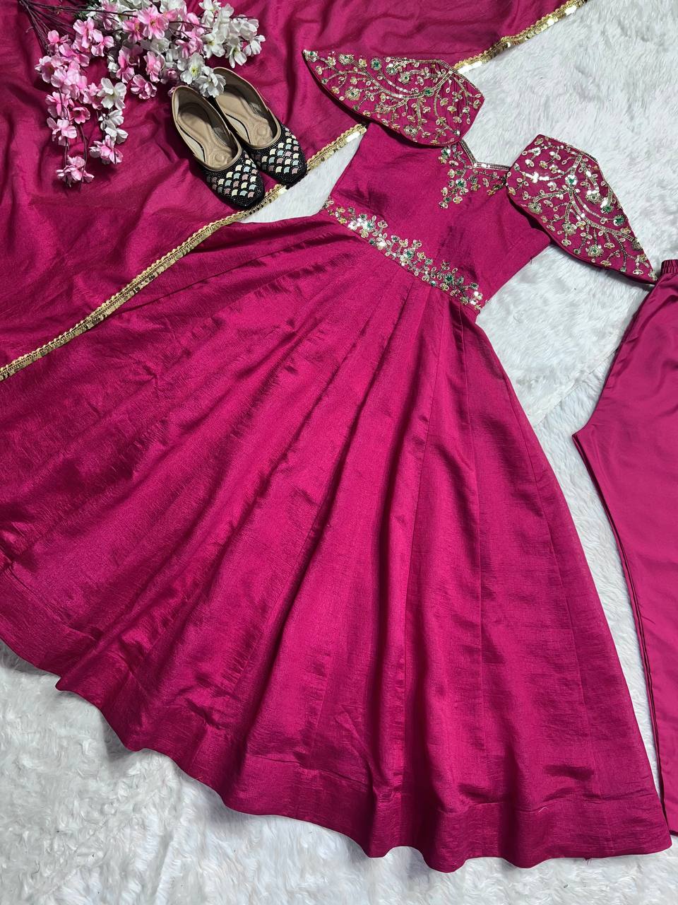 Silk embroidered sequence work gown with dupatta sets