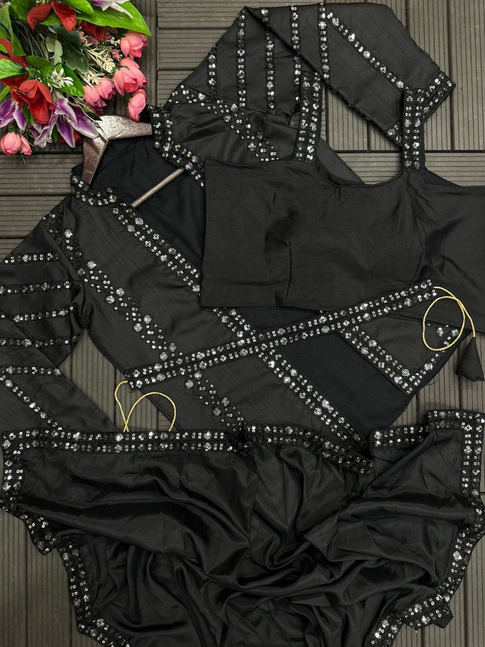 Elegant Heavy Satin Embroidered Saree Set with Jacket & Blouse