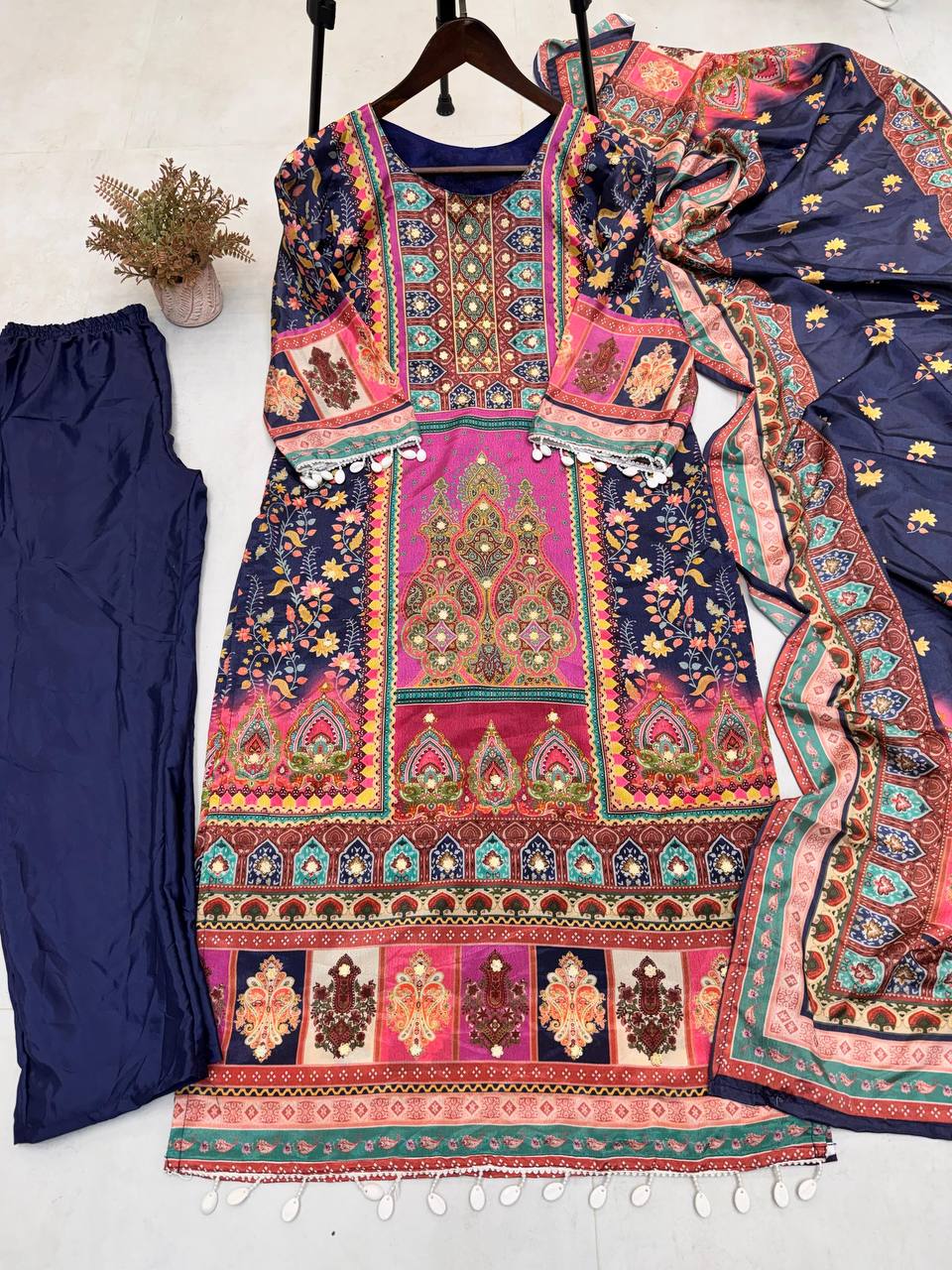 "Elegant Chinon Mirror Work Set with Silk Inner - Top, Pant & Printed Dupatta"