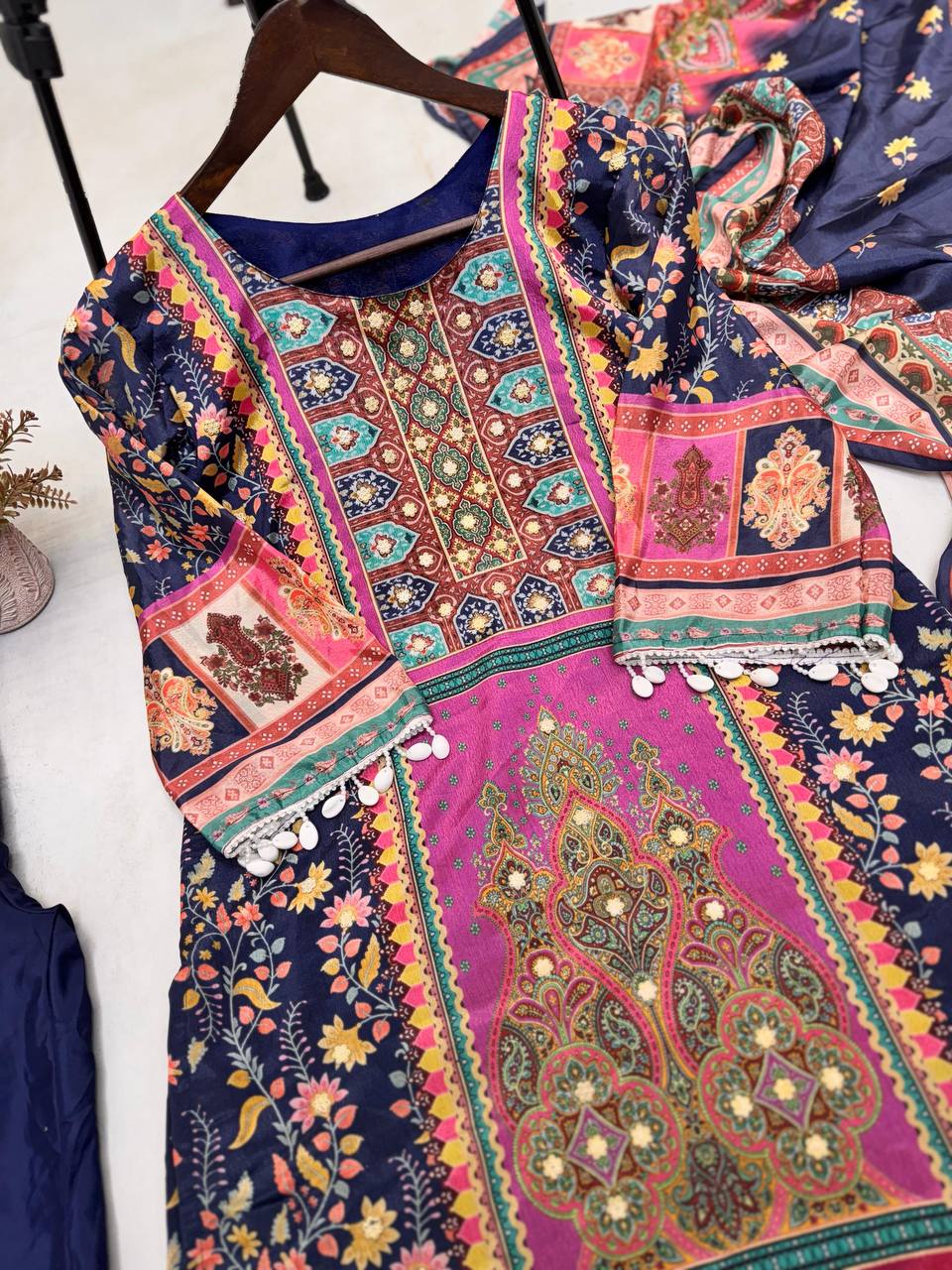 "Elegant Chinon Mirror Work Set with Silk Inner - Top, Pant & Printed Dupatta"