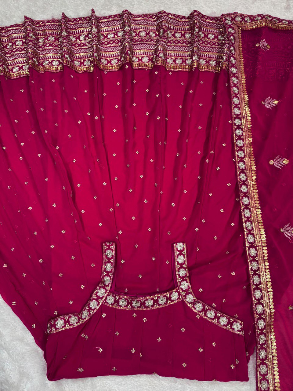 "Elegant Foux Gorgette Ensemble with Sequins and Lace Detailing"