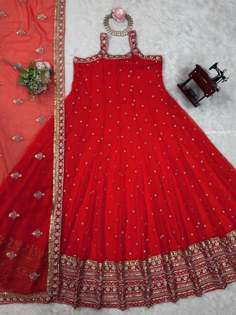 "Elegant Foux Gorgette Ensemble with Sequins and Lace Detailing"