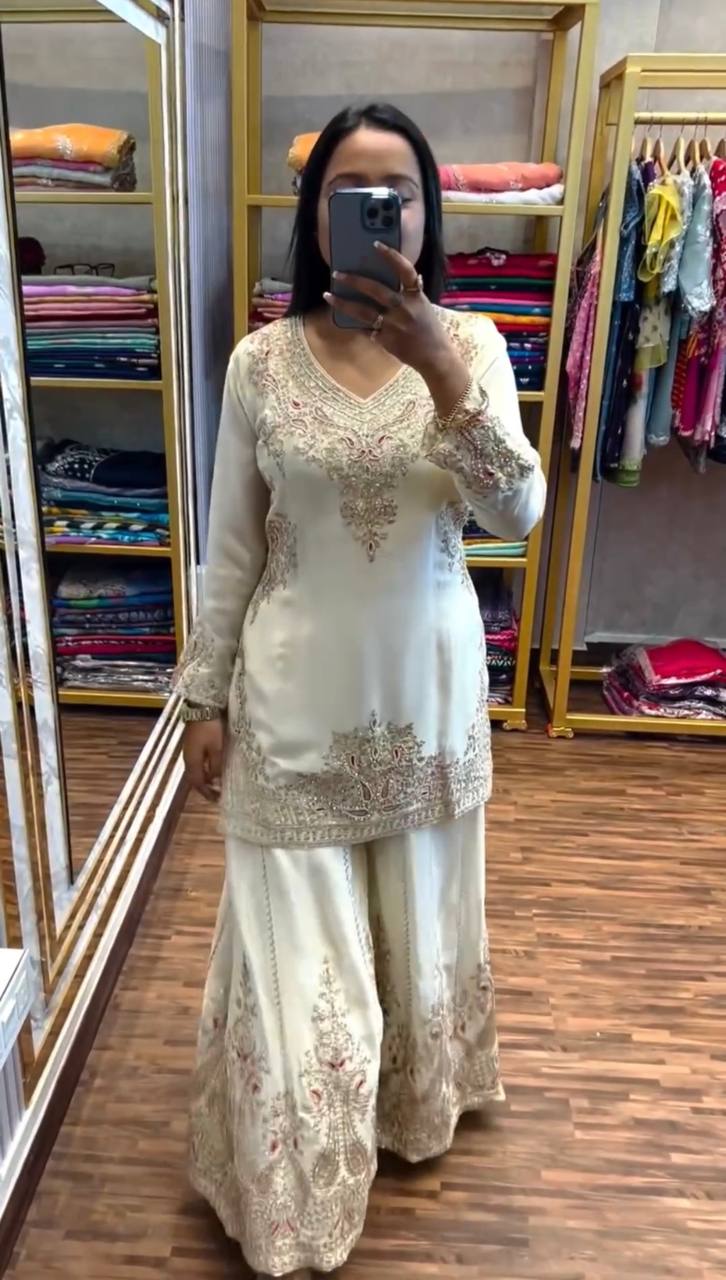 Wedding wear chinnon silk hand embroidered kurta palazzo with dupatta sets