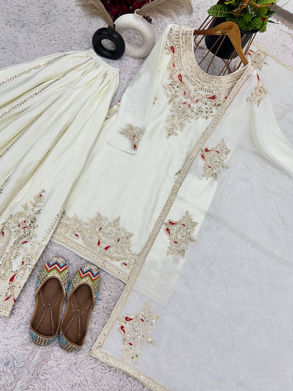 Wedding wear chinnon silk hand embroidered kurta palazzo with dupatta sets