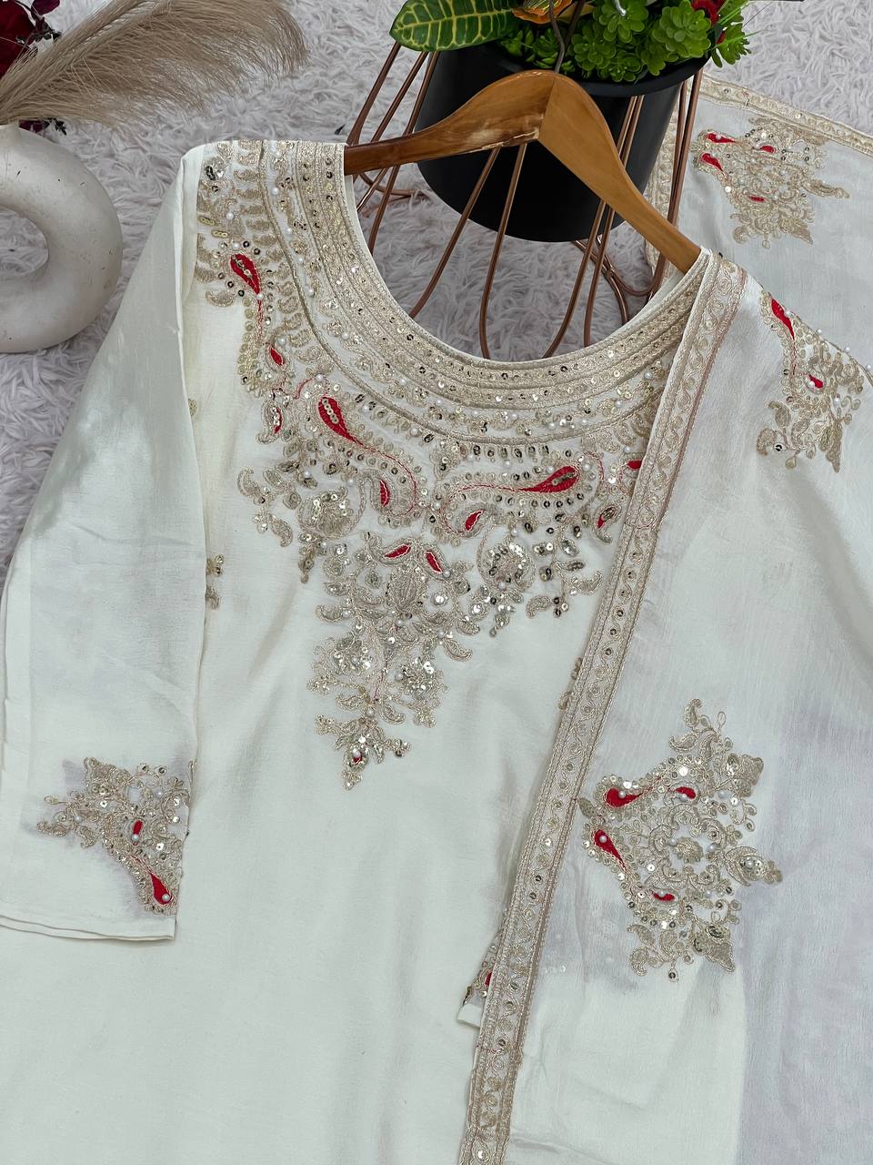 Wedding wear chinnon silk hand embroidered kurta palazzo with dupatta sets