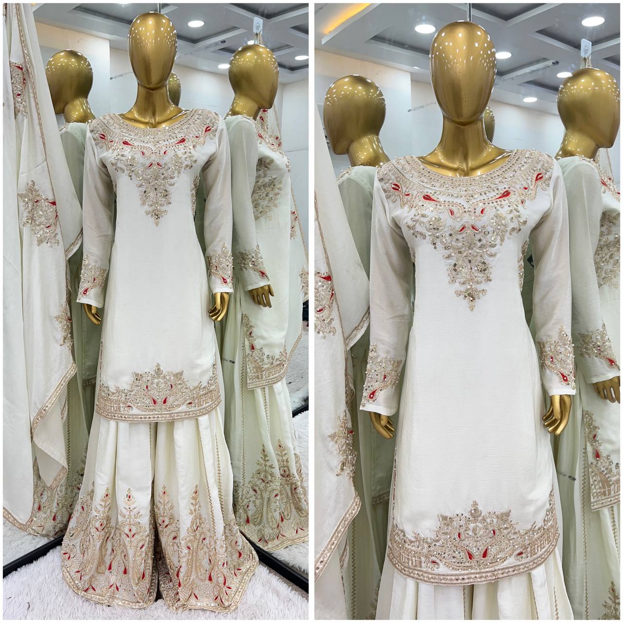 Wedding wear chinnon silk hand embroidered kurta palazzo with dupatta sets