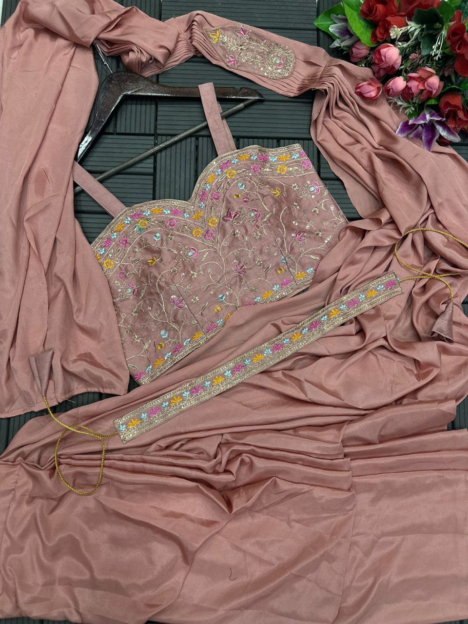 "Elegant Satin Embroidered Saree with Jalpari Jacket and Embroidery Belt"