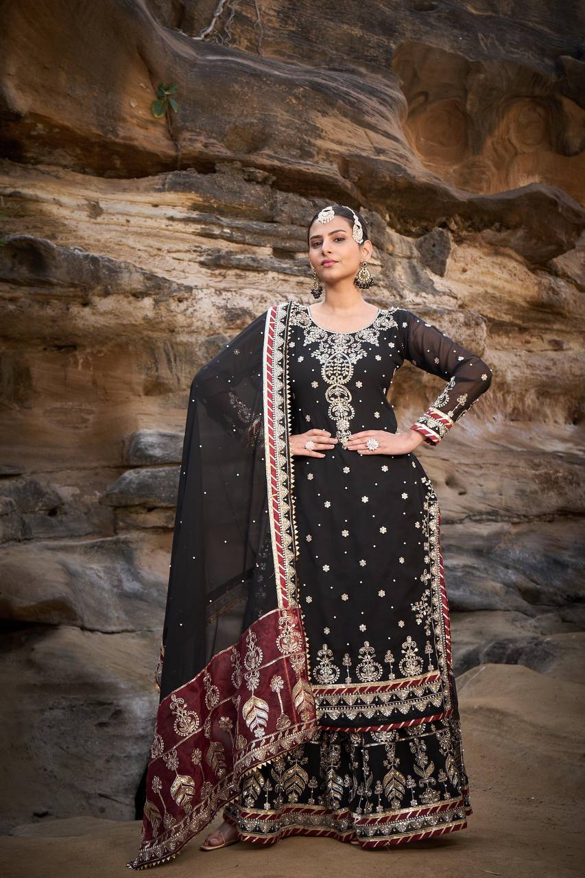 "Elegant Foux Gorgette Sharara Set with Intricate Thread and Sequence Work"