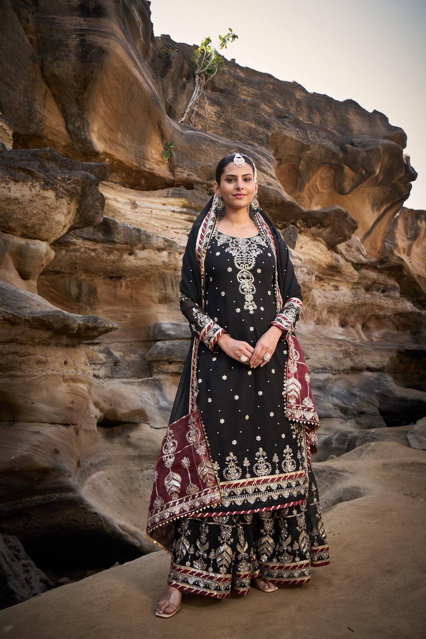 "Elegant Foux Gorgette Sharara Set with Intricate Thread and Sequence Work"