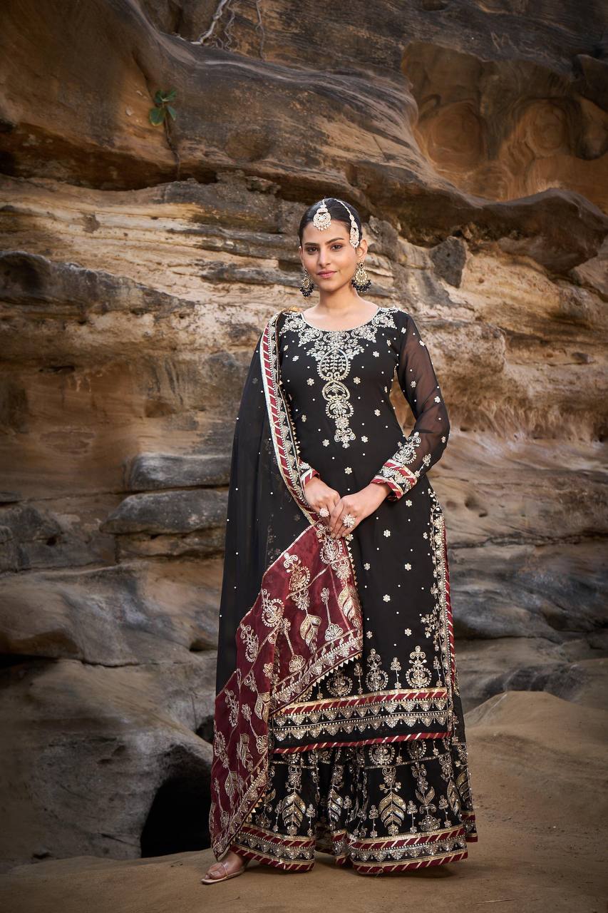 "Elegant Foux Gorgette Sharara Set with Intricate Thread and Sequence Work"