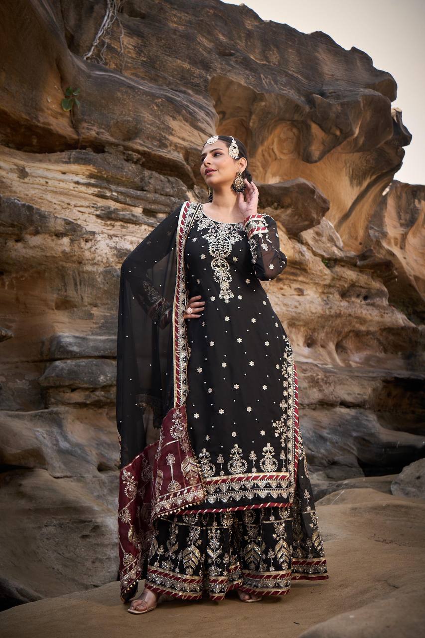 "Elegant Foux Gorgette Sharara Set with Intricate Thread and Sequence Work"