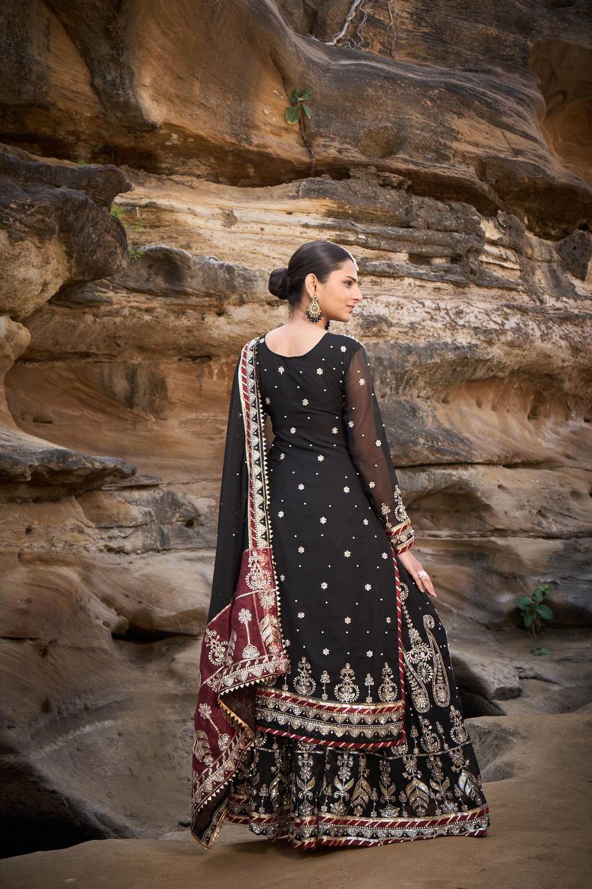 "Elegant Foux Gorgette Sharara Set with Intricate Thread and Sequence Work"
