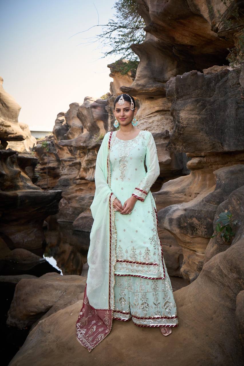 "Elegant Foux Gorgette Sharara Set with Intricate Thread and Sequence Work"