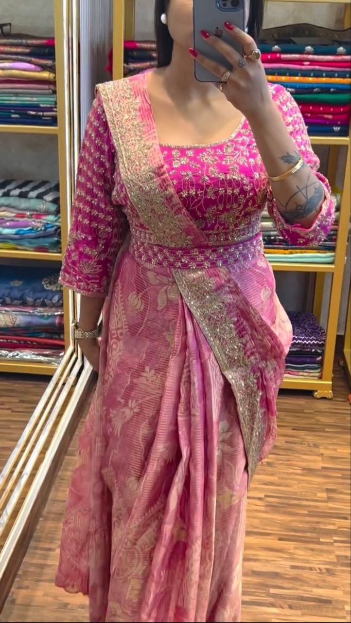 "Beautifully Embroidered Apple Organza Saree with Jalpari Blouse & Belt"