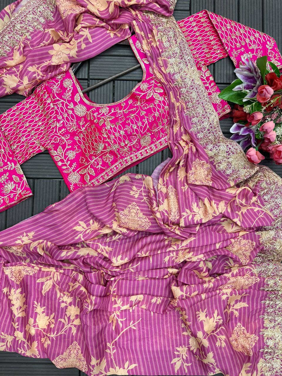 "Beautifully Embroidered Apple Organza Saree with Jalpari Blouse & Belt"