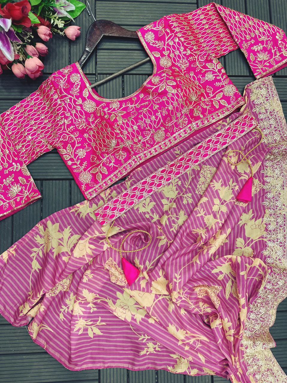 "Beautifully Embroidered Apple Organza Saree with Jalpari Blouse & Belt"