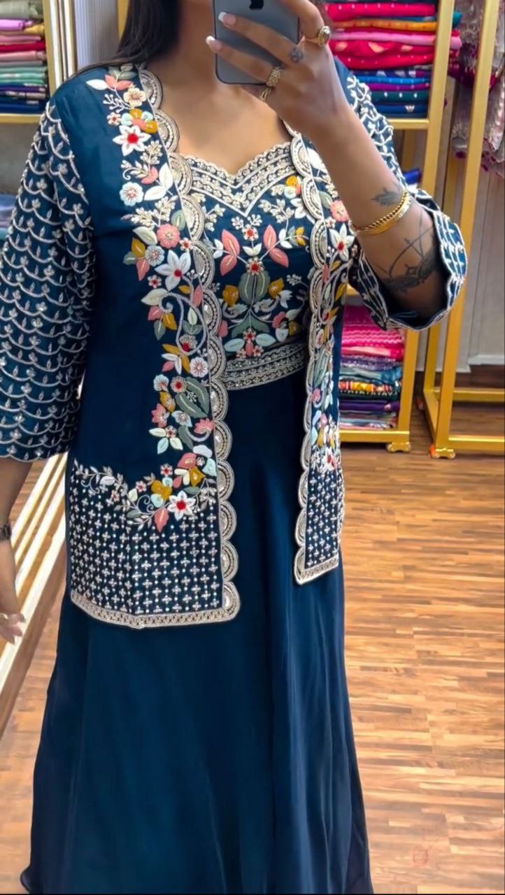 "Elegant Chinon Lehenga Set with Fully Stitched Jacket & Embroidered Blouse"