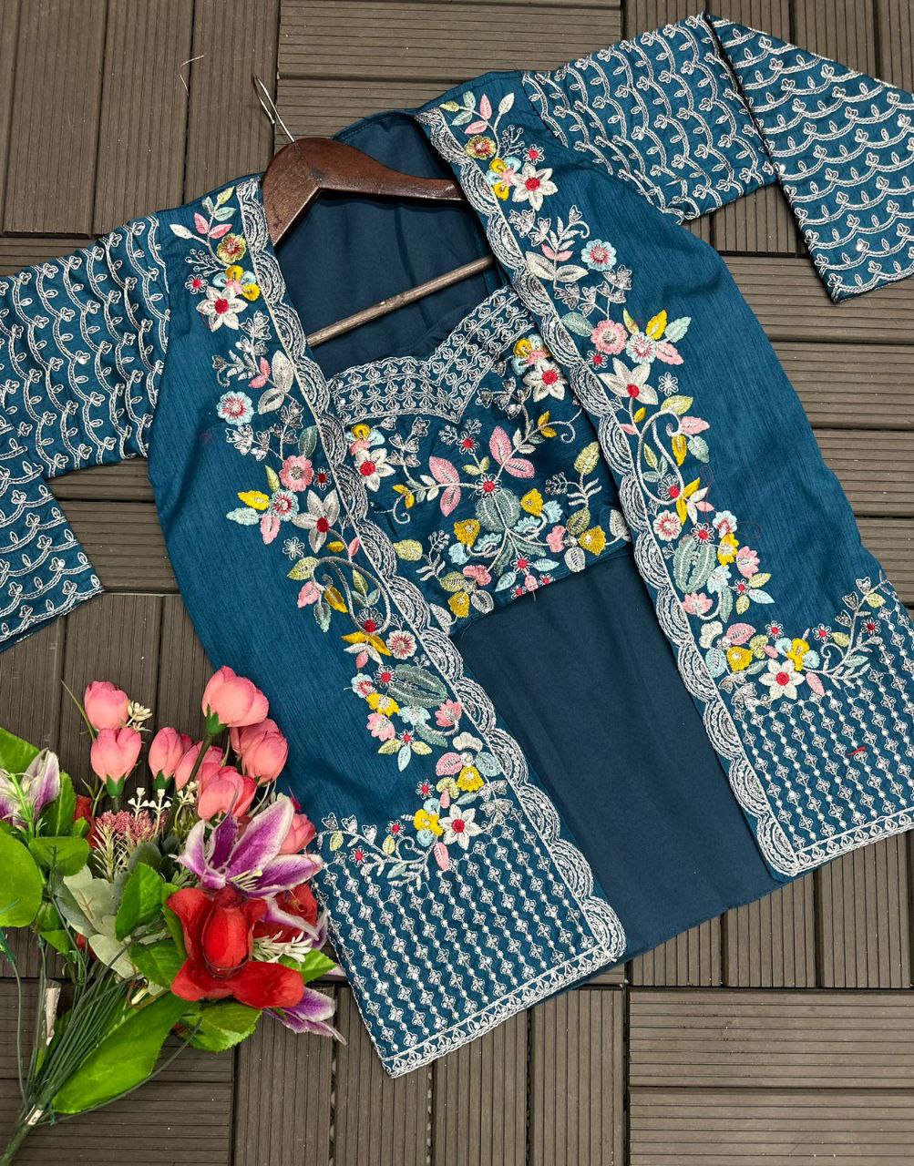 "Elegant Chinon Lehenga Set with Fully Stitched Jacket & Embroidered Blouse"