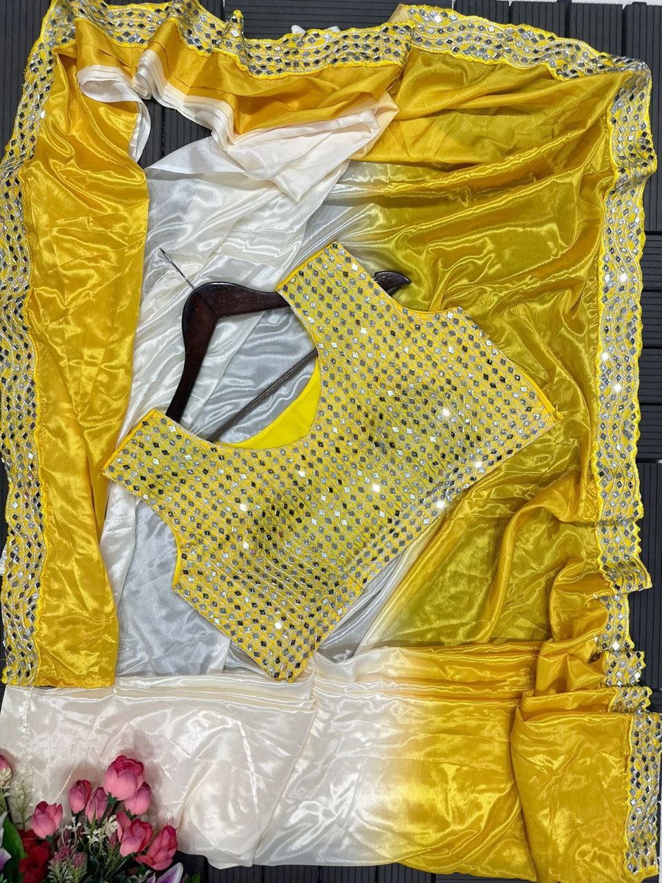 "Elegant Heavy Chinon Saree with Mirror Embroidery and Digital Print"