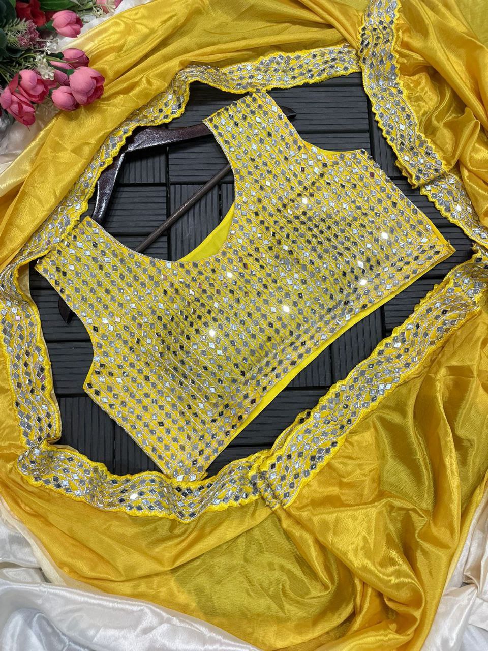 "Elegant Heavy Chinon Saree with Mirror Embroidery and Digital Print"