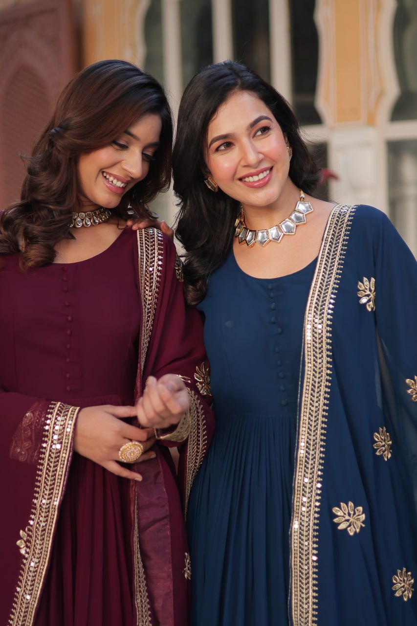 "Elegant Faux Blooming Embroidered Gown with Sequins & Designer Dupatta Set"