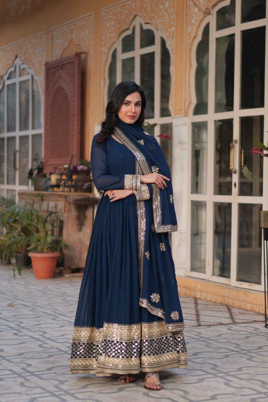 "Elegant Faux Blooming Embroidered Gown with Sequins & Designer Dupatta Set"