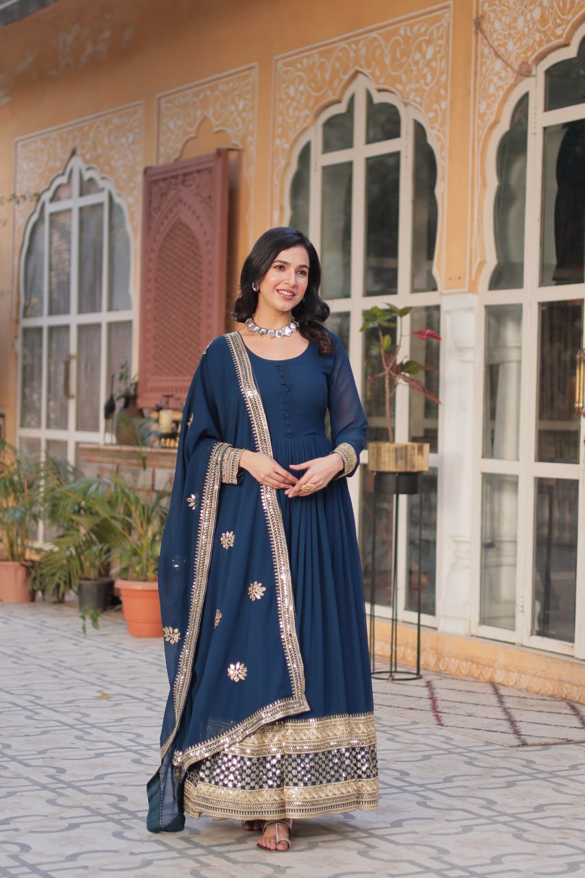 "Elegant Faux Blooming Embroidered Gown with Sequins & Designer Dupatta Set"