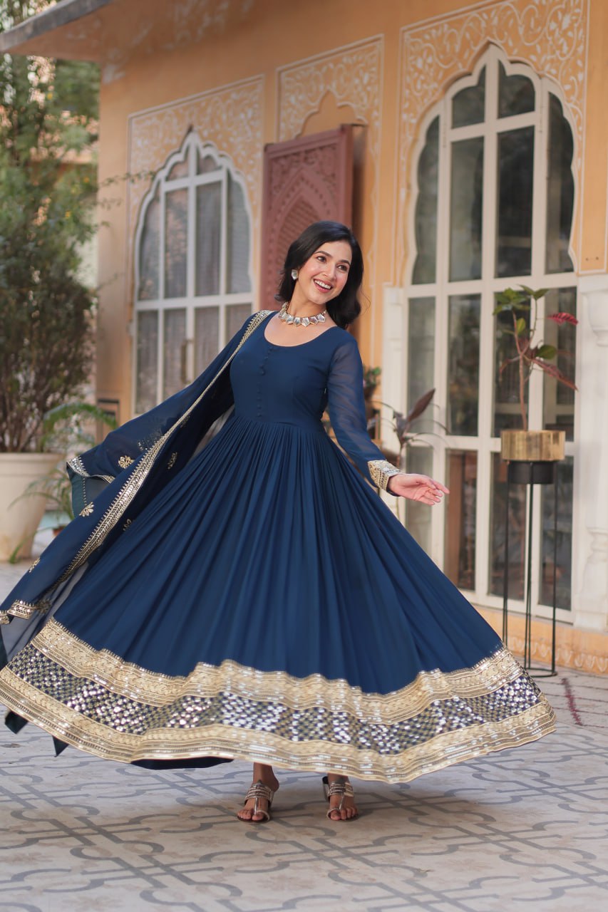 "Elegant Faux Blooming Embroidered Gown with Sequins & Designer Dupatta Set"
