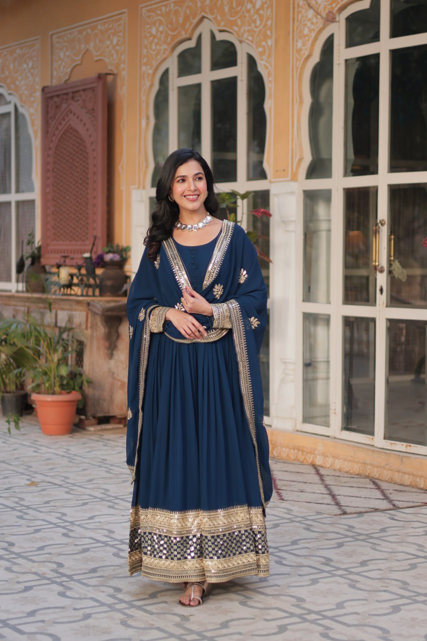 "Elegant Faux Blooming Embroidered Gown with Sequins & Designer Dupatta Set"