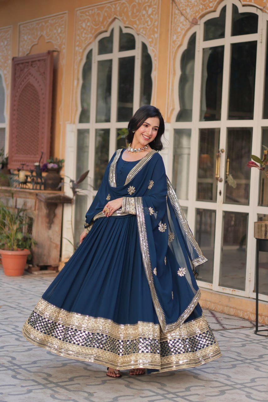 "Elegant Faux Blooming Embroidered Gown with Sequins & Designer Dupatta Set"