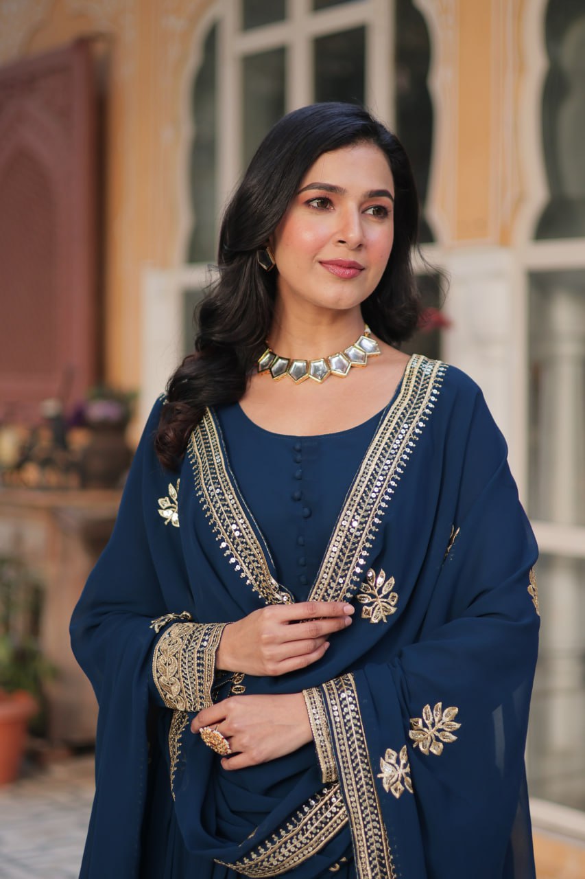 "Elegant Faux Blooming Embroidered Gown with Sequins & Designer Dupatta Set"