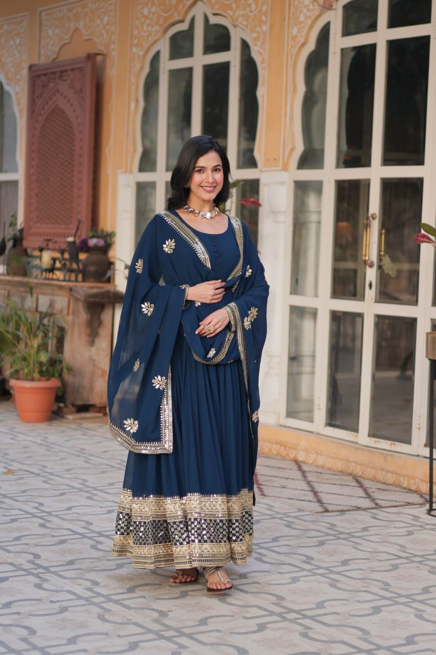 "Elegant Faux Blooming Embroidered Gown with Sequins & Designer Dupatta Set"